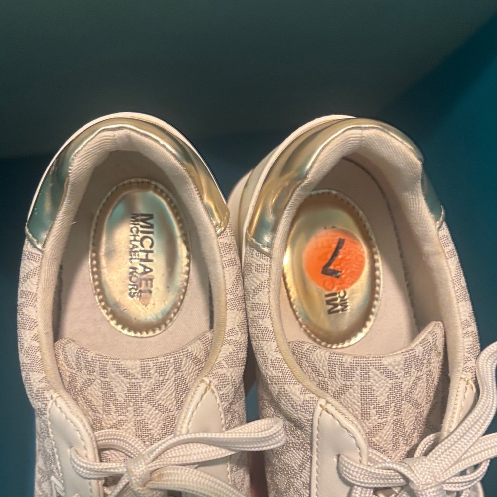 Michael Kors Cream and Gold Logo Wedge Sneakers - Picture 5 of 8
